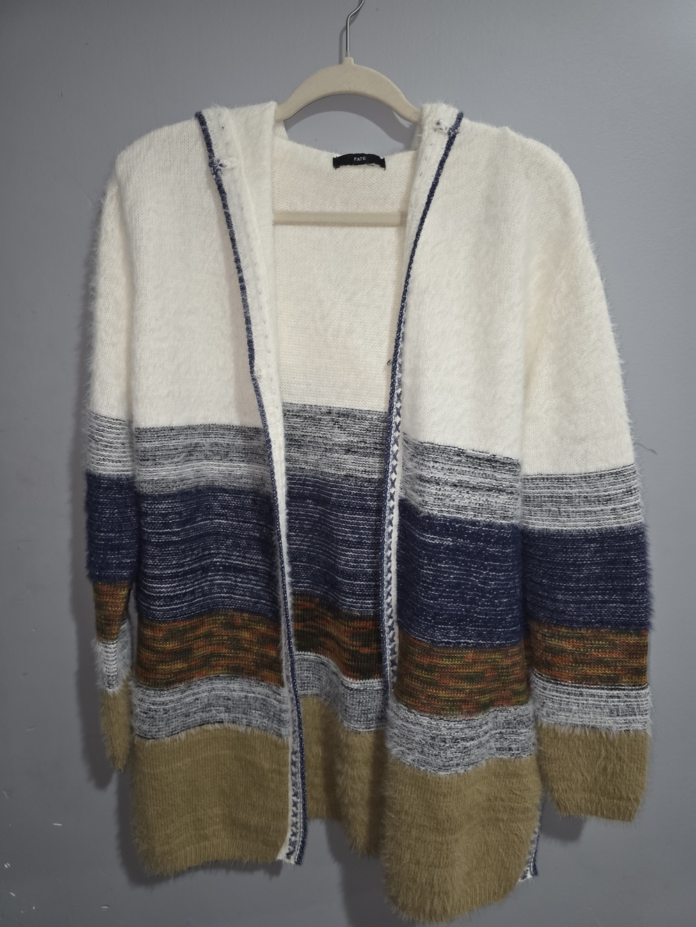Fate Hooded Stripe Knit Cardigan - Cream, Navy & Tan-Medium